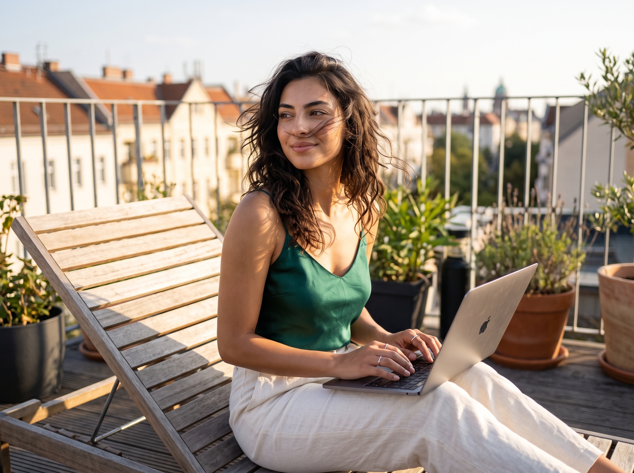 Aria arbeitet auf der Dachterrasse in Prenzlauer Berg mit Laptop und plant den nächsten Golf-Trip